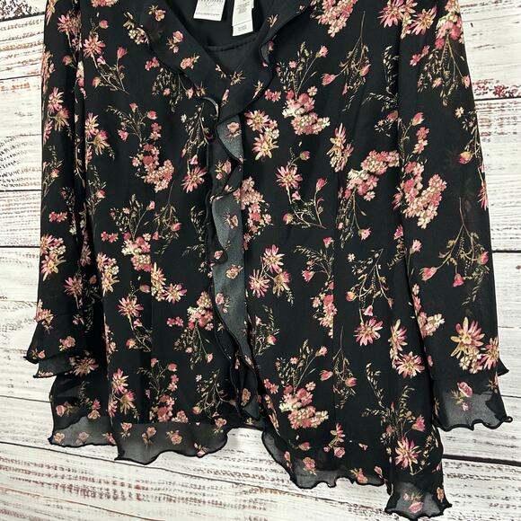 Womens Emma James Black Pink Floral Sheer Blouse 2 Pc w/ Tank 3/4 Sleeve Size 16 - Picture 5 of 9
